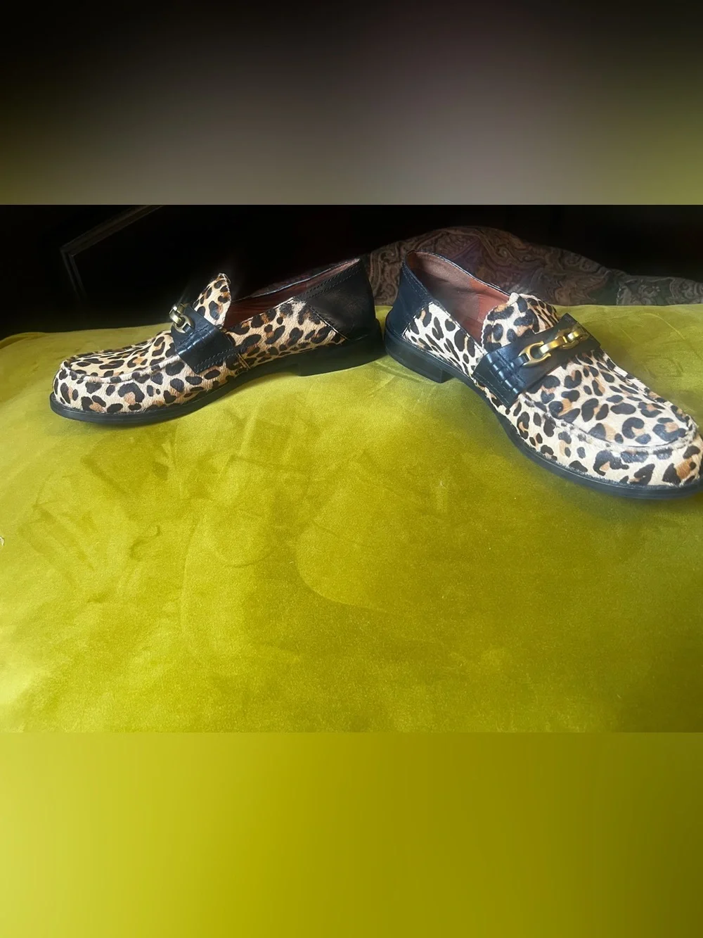 Coach Women's Leopard Print Loafers with Black Strap and Gold Chain